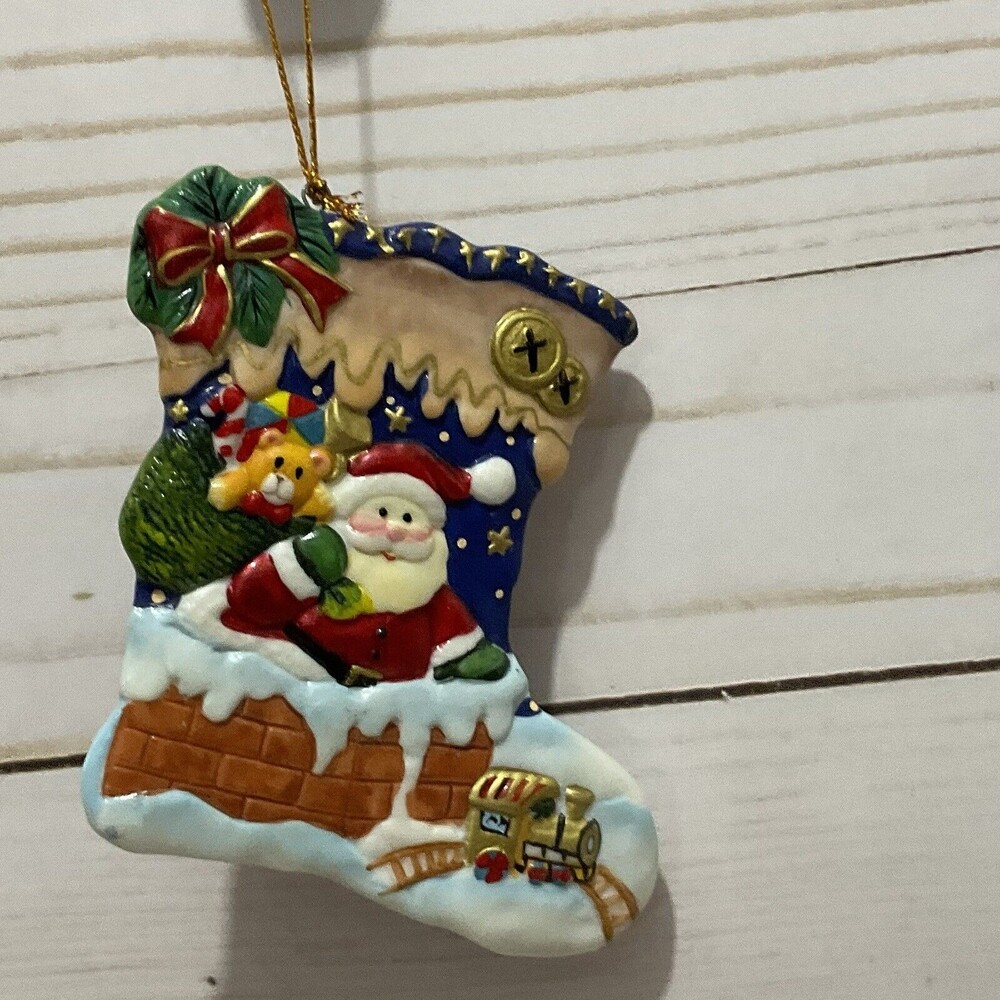 Christmas Ceramic Ornament Santa Rooftop Presents Double Sided Stocking 3.75"Vtg